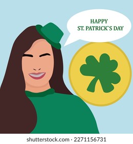 Portrait of woman celebrating St Patricks day , Patrick's Day pub party celebration. border art design