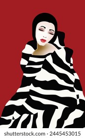 A portrait of a woman clothed in a zebra-striped outfit is featured.