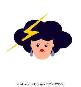 Portrait of woman. Cloud lightning thunder hairstyle. Rain drop. Young girl face. Angry lady, female. Black hair. Depressed person. Cute cartoon character. Flat design. White background. Vector