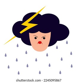 Portrait of woman. Cloud lightning thunder hairstyle. Rain drop. Angry lady, female. Young girl face. Black hair. Depressed person. Cute cartoon character. Flat design. White background. Vector