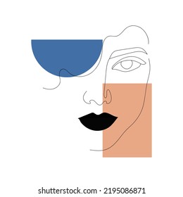 Porträt einer Frau in einer kontinuierlichen Linie. Vektorweibliches Gesicht in einer Linie mit schwarzen Lippen und geometrischen Formen. Kontinuierliche Linienkunst im eleganten Stil für Drucke, Poster, Textilien, Kleidung, etc.