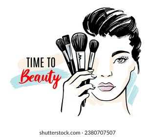 Portrait of woman with cosmetic brush near face. Girl making makeup on face