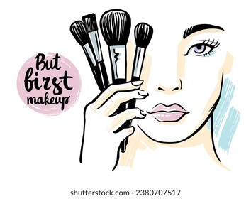 Portrait of woman with cosmetic brush near face. Girl making makeup on face