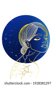 Retrato de una mujer, con grietas de contorno dorado sobre un fondo azul, ilustración vectorial de stock para diseño y decoración, banner, impresión, kintæ