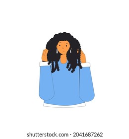 Portrait of woman with curly hair. Young lady touching her hair with her hands. Vector illustration
