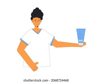 Portrait of woman with dark curly hair. Female character wearing in casual clothes  holding cosmetics bottle of gel for hairstyling with her hands on a white background. Vector illustration. 