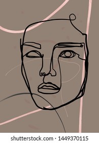 Portrait of a woman drawn by a continuous single black line depicted on an abstract background. Freehand collage. 