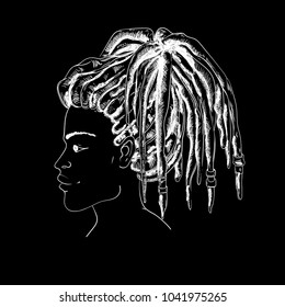 Portrait of woman with dreadlocks in profile. Black and white vector illustration in sketch style