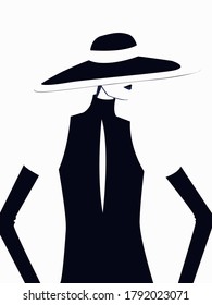 Portrait of a woman dressed in a black dress and hat on a white background.