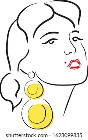 Portrait of woman with earing , red lips . Hand drawn illustration isolated on white background . Concept for print . logo, icon , cards 