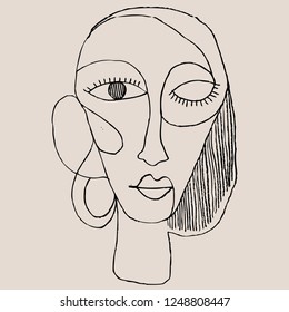 Portrait a woman with earring in modern abstract style. Hand drawn vector illustration for your contemporary fashion design.