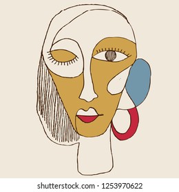 Portrait a woman with earring in modern abstract style. Hand drawn vector illustration for your contemporary fashion design.