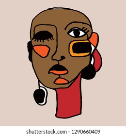 Portrait a woman with earring in modern abstract style. Hand drawn vector illustration for your contemporary fashion design.