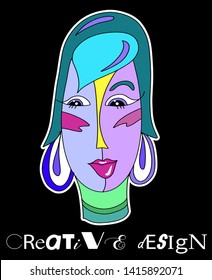 Portrait a woman with earring in modern abstract style. Hand drawn vector illustration for your contemporary fashion design