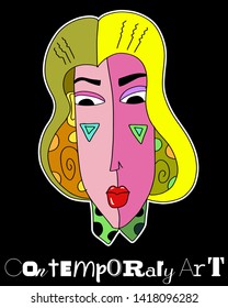 Portrait a woman with earring in modern abstract style. Hand drawn vector illustration for your contemporary fashion design