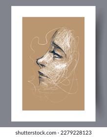 Portrait woman elegance face wall art print. Printable minimal abstract woman poster. Contemporary decorative background with face. Wall artwork for interior design.