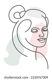 Portrait of woman, elegant and stylish female character with ponytail hairstyle. Abstract logo for beauty salon or hairdresser. Minimalist drawing, sketch with watercolor blot. Vector in flat style