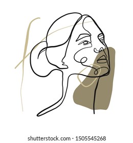 Portrait of a woman face drawn by one continuous line composition with shapes.