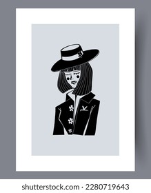 Portrait woman fashionable hat wall art print. Contemporary decorative background with hat. Wall artwork for interior design. Printable minimal abstract woman poster.