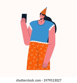 Portrait of woman in festive cap takes pictures on smartphone at event. Multicultural people celebrating holiday or birthday concept. Vector character illustration isolated on white background
