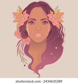 Portrait of a woman with flowers in her hair. Vector hand drawn illustration