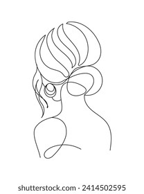Portrait of a woman with flowers, line art. Contour illustration with the addition of colored spots. Postcard, poster, vector