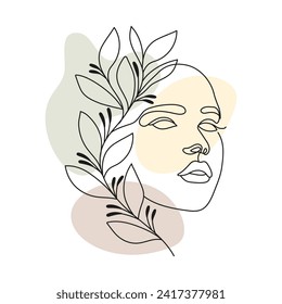 Portrait of a woman with flowers, line art. Contour illustration with the addition of colored spots. Postcard, poster, vector