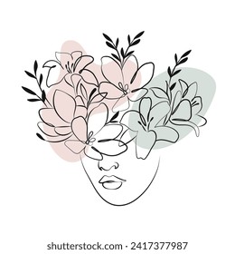 Portrait of a woman with flowers, line art. Contour illustration with the addition of colored spots. Postcard, poster, vector