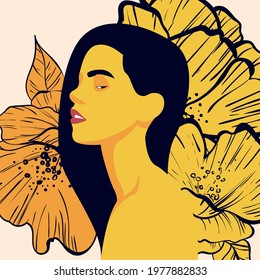 portrait of a woman with flowers. Variety in summer colors. Vector flat illustration. Ideal for magazines, prints, fashion, textiles, fabrics. EPS10