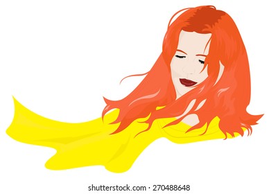 Portrait of a woman with flying red hair. Vector illustration