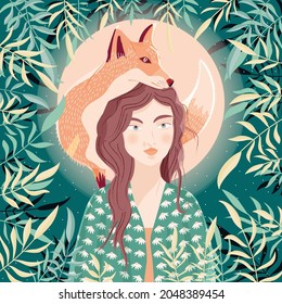 Portrait of a woman and a fox on her shoulder. Night scene with moon and stars. Wild animal and girl in nature. Colorful hand drawn vector illustration. 