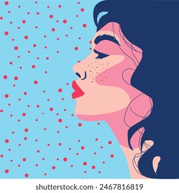 Retrato de una mujer con pecas. Ilustración de una chica de perfil pelo azul oscuro. Ilustración vectorial aislada en un fondo azul