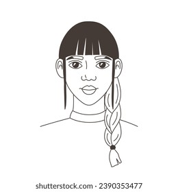 Portrait of woman with fringe and pigtail in doodle hand drawn style. Avatar of girl, face, head, sketch, lines, outline for design. Simple icon isolated vector illustration.