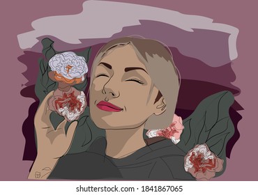 Portrait of a woman in a front of flowers. Vector illustrtaion.