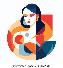 A portrait of a woman with a geometric pattern. woman with a red dress and earrings. colorful geometric style. blue and red hair and a red and blue face. vector illustration. 