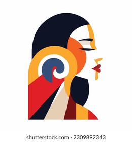 A portrait of a woman with a geometric pattern. woman with a red dress and earrings. colorful geometric style. blue and red hair and a red and blue face. vector illustration. 