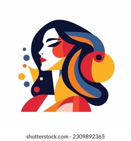 A portrait of a woman with a geometric pattern. woman with a red dress and earrings. colorful geometric style. blue and red hair and a red and blue face. vector illustration. 