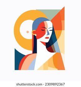 A portrait of a woman with a geometric pattern. woman with a red dress and earrings. colorful geometric style. blue and red hair and a red and blue face. vector illustration. 