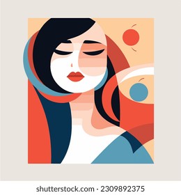 A portrait of a woman with a geometric pattern. woman with a red dress and earrings. colorful geometric style. blue and red hair and a red and blue face. vector illustration. 