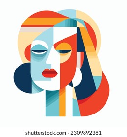 A portrait of a woman with a geometric pattern. woman with a red dress and earrings. colorful geometric style. blue and red hair and a red and blue face. vector illustration. 