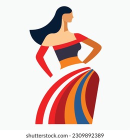 A portrait of a woman with a geometric pattern. woman with a red dress and earrings. colorful geometric style. blue and red hair and a red and blue face. vector illustration. 