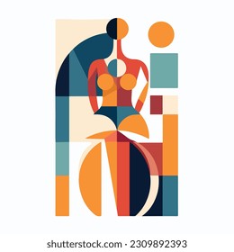 A portrait of a woman with a geometric pattern. woman with a red dress and earrings. colorful geometric style. blue and red hair and a red and blue face. vector illustration. 