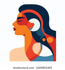 A portrait of a woman with a geometric pattern. woman with a red dress and earrings. colorful geometric style. blue and red hair and a red and blue face. vector illustration. 