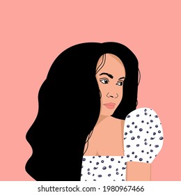 Portrait of a woman.  Girl with black hair and  in a white dress . Woman's head and shoulders. Female face. Social media avatar. Vector flat illustration. Pink background