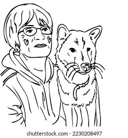 Portrait of a woman in glasses with a dog, a linear illustration.