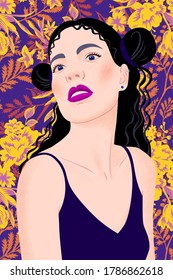 Portrait of a woman with hairstyle and tank top. Young beautiful woman with makeup, red lips, long black hair on summer floral background.  Posing. Holiday trendy flat vector illustration.