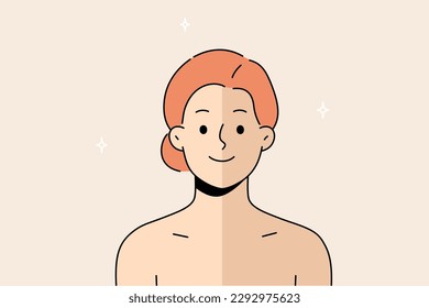 Portrait of woman with half face natural versus tan. Girl with tanned facial skin. Concept of beauty products and cosmetics. Vector illustration. 