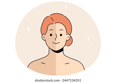 Portrait of woman with half face natural versus tan. Girl with tanned facial skin. Concept of beauty products and cosmetics. Vector illustration.