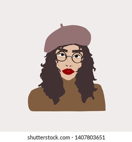 Portrait of a woman. Hand drawn fashion girl in beret and glasses. Female avatar in flat minimalism style. Beauty icon. 