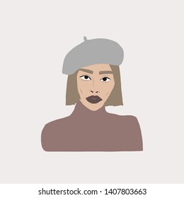 Portrait of a woman. Hand drawn fashion girl in beret. Female avatar in flat minimalism style. 